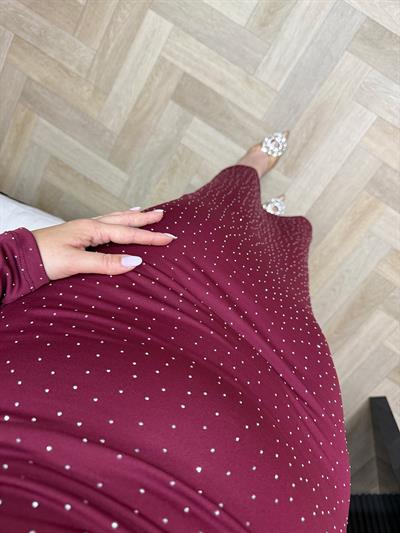 Elsa Vatkalı Degaje Yaka Taşli Modal Elbise Bordo