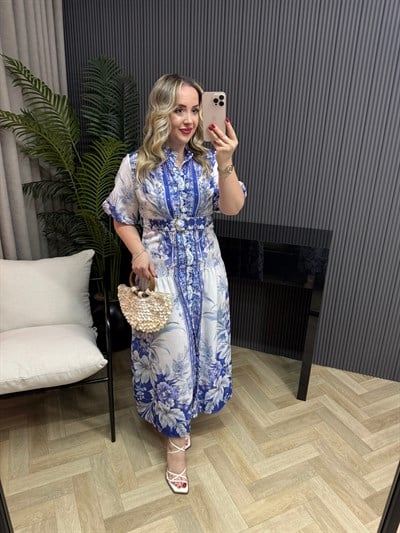 Emma Beli Kemerli Mavi Tasarım Keten Elbise 