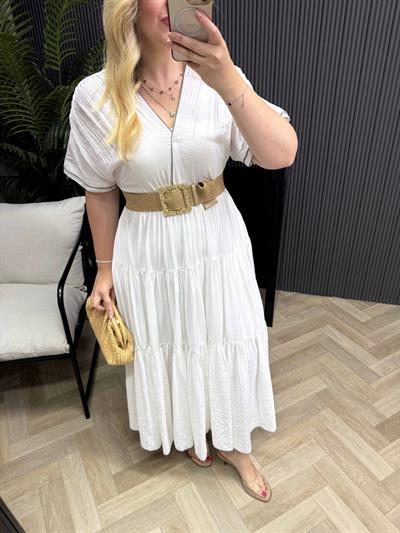 Emma Orj Marka Model Beli Lastikli Elbise Beyaz