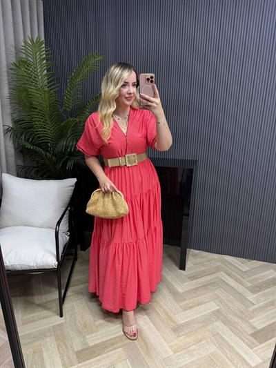 Emma Orj Marka Model Beli Lastikli Elbise Nar Çiçeği