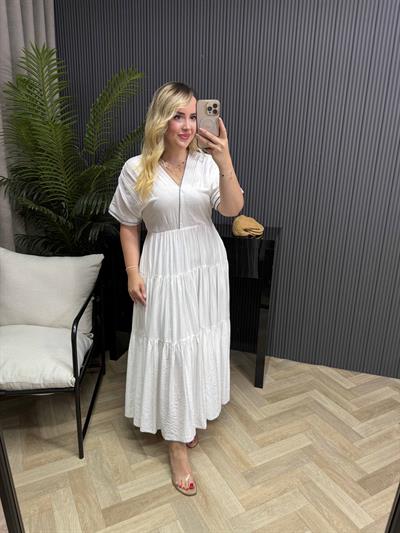 Emma Orj Marka Model Beli Lastikli Elbise Beyaz