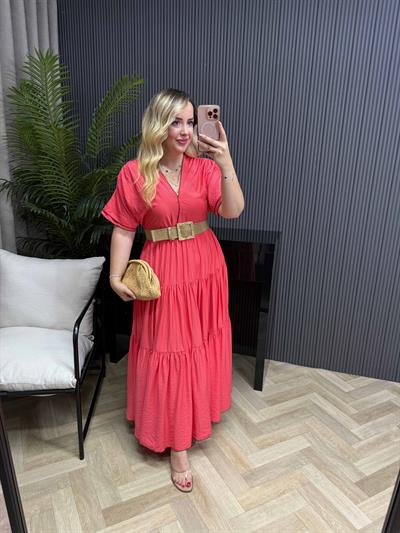 Emma Orj Marka Model Beli Lastikli Elbise Nar Çiçeği