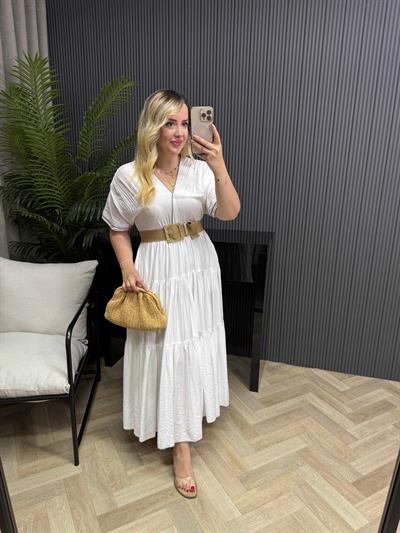 Emma Orj Marka Model Beli Lastikli Elbise Beyaz