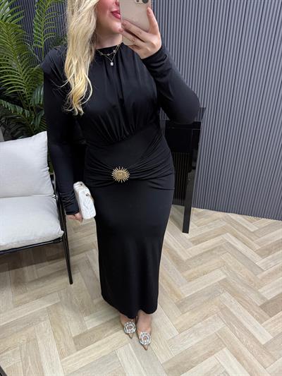 Evan Gold Detaylı Tokalı Vatkalı Elbise Siyah