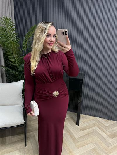 Evan Gold Detaylı Tokalı Vatkalı Elbise Bordo