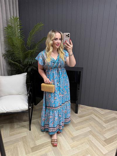 Farah Yakası İşli Özel Tasarım İthal İpek Saten Elbise Mavi Desenli