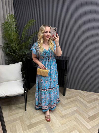 Farah Yakası İşli Özel Tasarım İthal İpek Saten Elbise Mavi Desenli