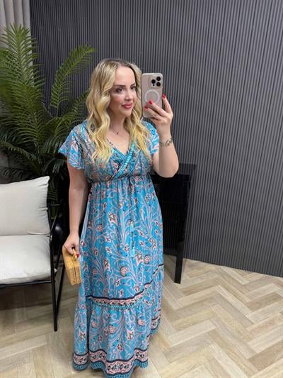 Farah Yakası İşli Özel Tasarım İthal İpek Saten Elbise Mavi Desenli
