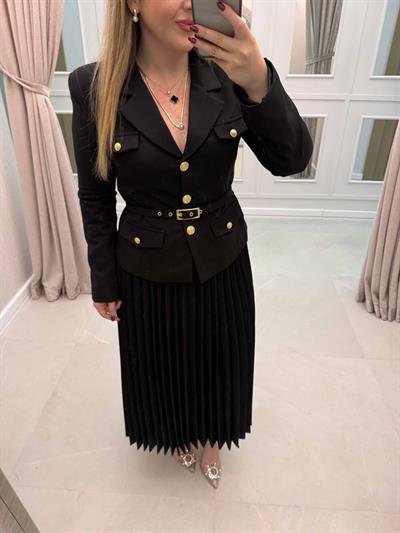 Faye Gold Detaylı Kemerli Ceket Ve Etek Takım Siyah