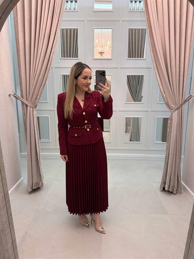 Faye Gold Detaylı Kemerli Ceket Ve Etek Takım Bordo