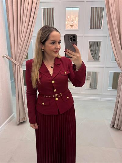 Faye Gold Detaylı Kemerli Ceket Ve Etek Takım Bordo