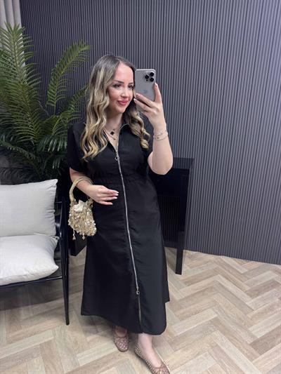 Fermuar Detaylı Aerobin Kumaş Elbise Siyah