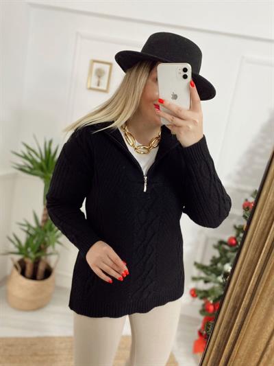 Fermuar Detaylı Saç Örgü Kazak Siyah