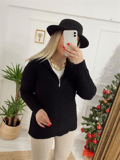 Fermuar Detaylı Saç Örgü Kazak Siyah