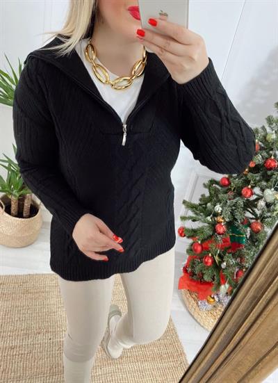 Fermuar Detaylı Saç Örgü Kazak Siyah