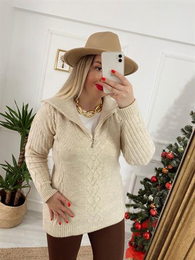 Fermuar Detaylı Saç Örgü Kazak Taş