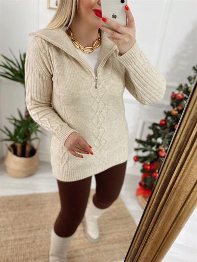 Fermuar Detaylı Saç Örgü Kazak Taş