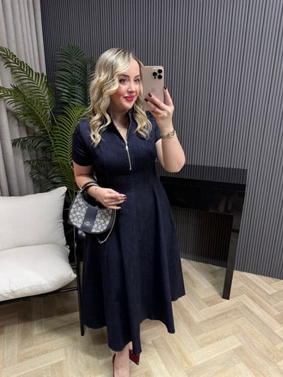 Fermuar Detaylı Tasarım Maxi Denim Elbise 