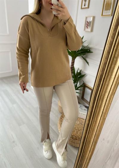 Fermuarlı Triko Camel