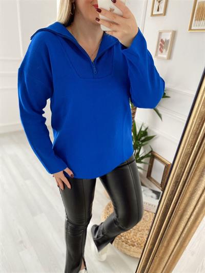 Fermuarlı Triko Saks Mavi