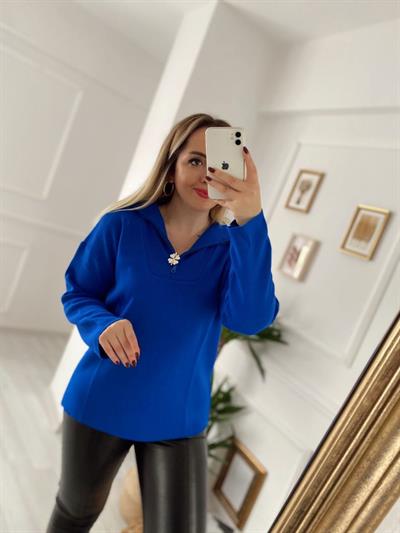 Fermuarlı Triko Saks Mavi