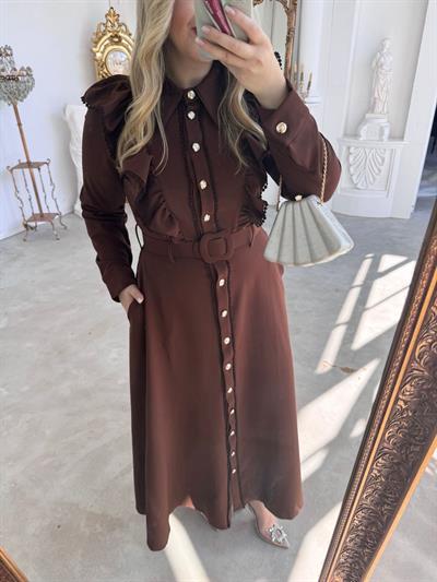 Firfir Dantel Detaylı Kemerli Elbise Acı Kahve