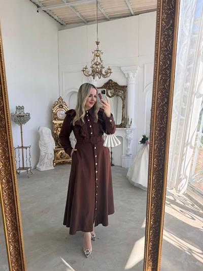 Firfir Dantel Detaylı Kemerli Elbise Acı Kahve