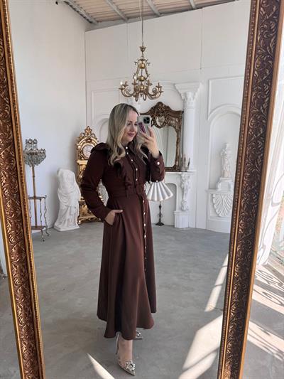 Firfir Dantel Detaylı Kemerli Elbise Acı Kahve