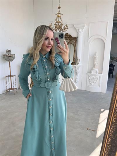 Firfir Dantel Detaylı Kemerli Elbise Mint Yeşil