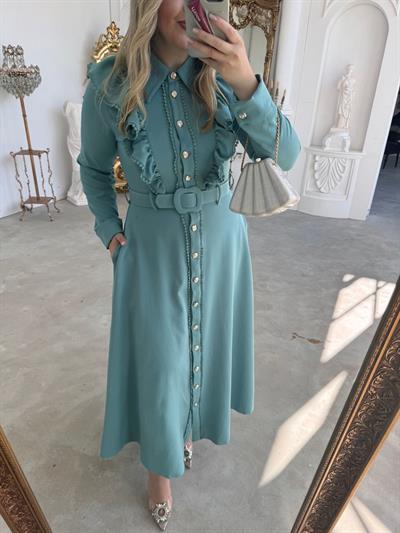 Firfir Dantel Detaylı Kemerli Elbise Mint Yeşil