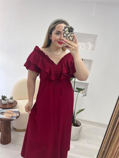 Firfir Detaylı Elbise Bordo