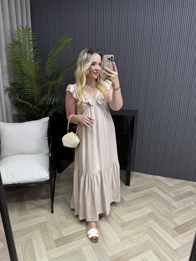 Fırfır Yaka Detaylı Tensel Elbise Bej