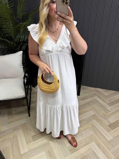 Fırfır Yaka Detaylı Tensel Elbise Beyaz