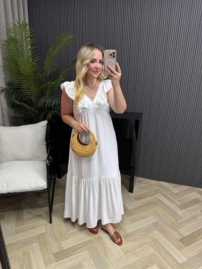 Fırfır Yaka Detaylı Tensel Elbise Beyaz