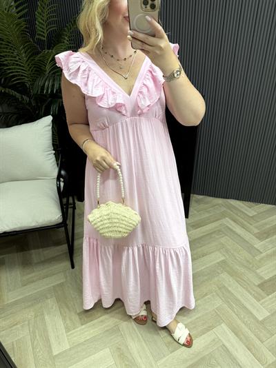 Fırfır Yaka Detaylı Tensel Elbise Pembe