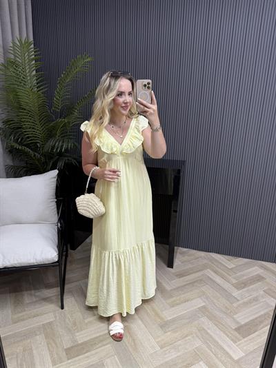 Fırfır Yaka Detaylı Tensel Elbise Sarı