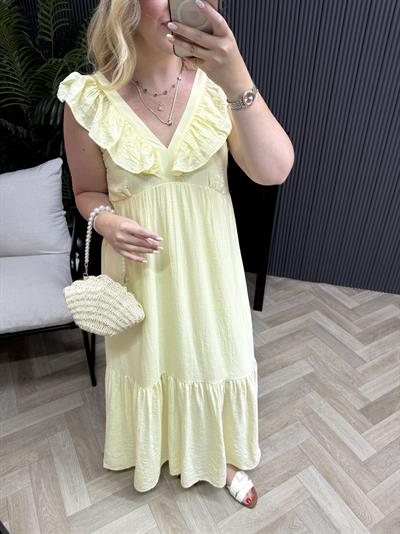 Fırfır Yaka Detaylı Tensel Elbise Sarı