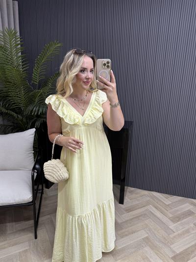 Fırfır Yaka Detaylı Tensel Elbise Sarı