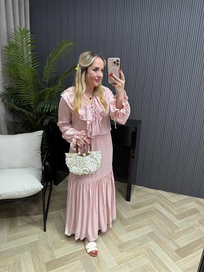 Firuze Fırfır Detaylı Tasarım Bohem Elbise Toz Pembe
