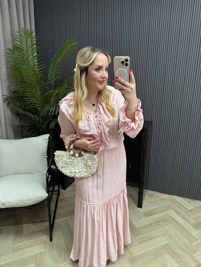 Firuze Fırfır Detaylı Tasarım Bohem Elbise Toz Pembe