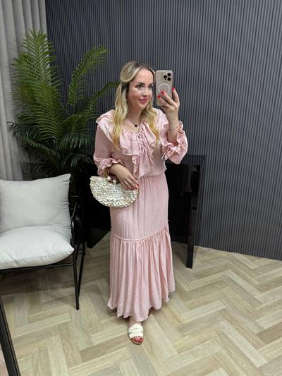 Firuze Fırfır Detaylı Tasarım Bohem Elbise Toz Pembe