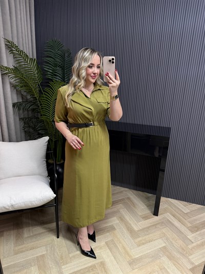 Firüze Kemerli Beli Lastıklı Tensel Kısa Kollu Elbise Olive