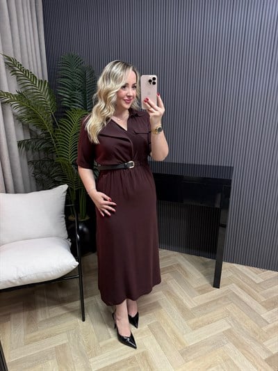 Firüze Kemerli Beli Lastıklı Tensel Kısa Kollu Elbise Kahve