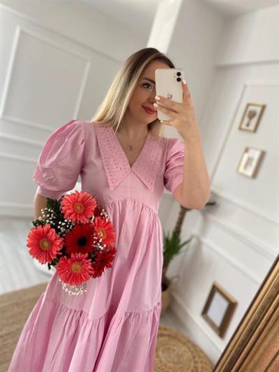 Fisto Yaka Detay Balon Kol Poplin Elbise Pembe