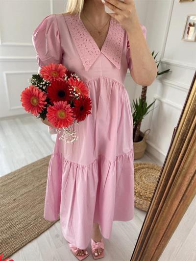 Fisto Yaka Detay Balon Kol Poplin Elbise Pembe