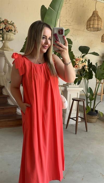 Fiyonk Detay Salaş Formda Keten Elbise Nar Çiçeği