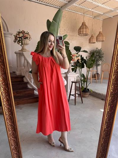 Fiyonk Detay Salaş Formda Keten Elbise Nar Çiçeği