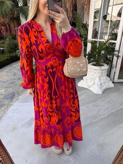 Flora Kemerli Düğmeli  Elbise Pembe