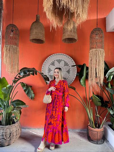 Flora Kemerli Düğmeli  Elbise Pembe