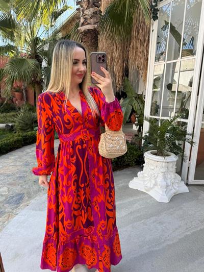 Flora Kemerli Düğmeli  Elbise Pembe